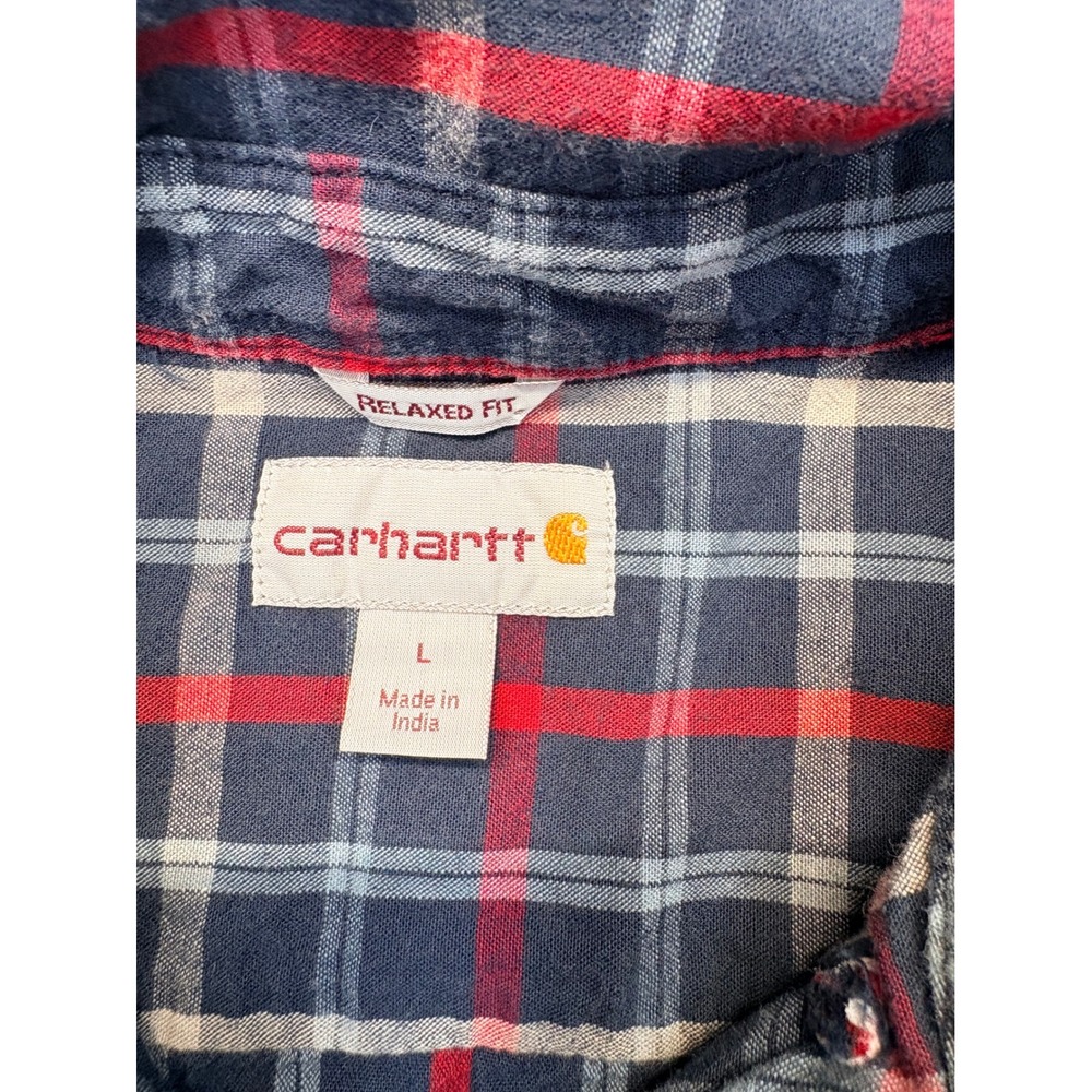 Carhartt Mens Relaxed Fit Plaid Button Down Shirt Navy Red L 102816 412 - Picture 3 of 8